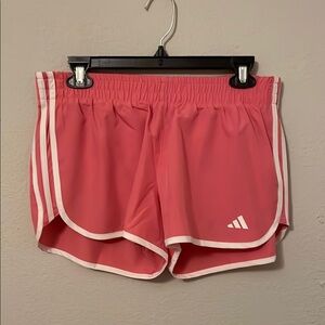Adidas Pink and White Athletic Shorts with Signature Stripes